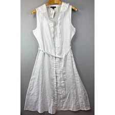 NWT Saks Fifth Avenue 100% Linen Dress Belted Luxury White Ruffle Coastal Size M