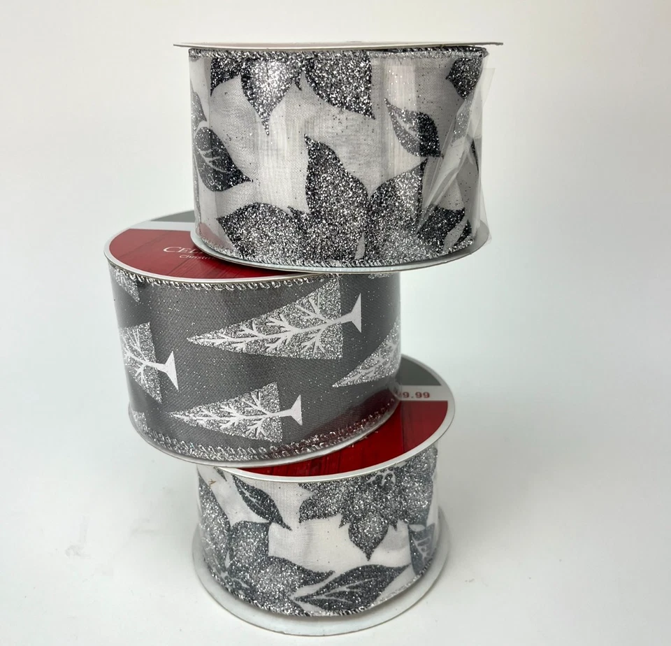 Christmas Holiday Wired Ribbon 2.5"x 25' Silver Glitter White NEW lot of 3 - Image 3 of 4