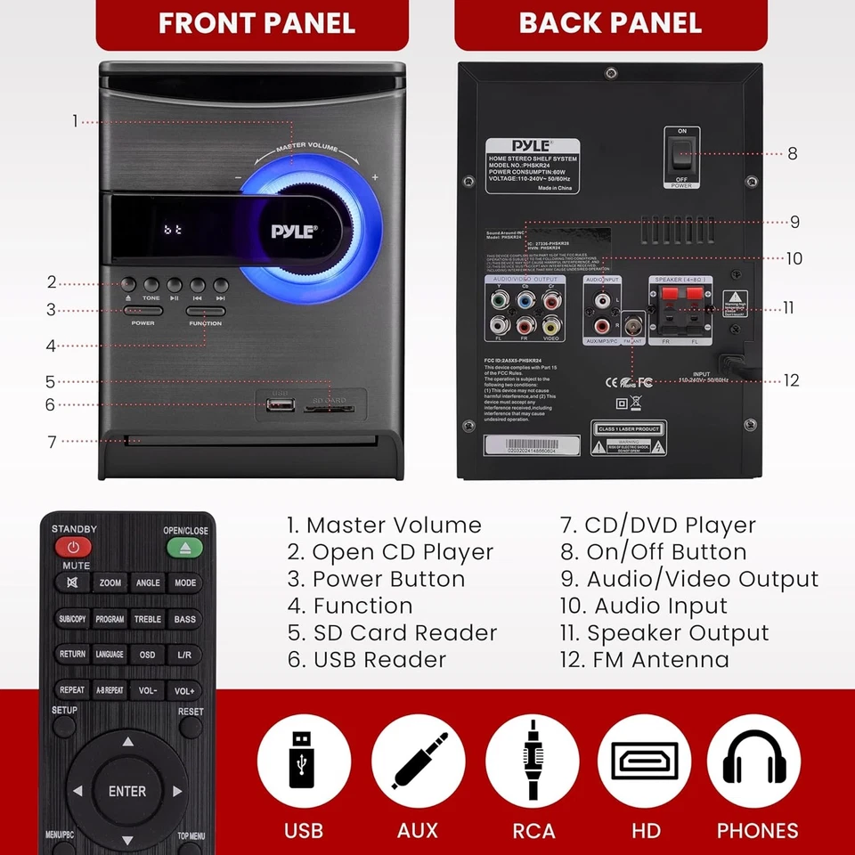 Pyle Home Stereo Shelf System - 30W Wireless BT Streaming with CD Black  - Image 2 of 4