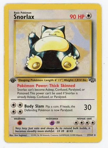 Pokemon Snorlax Jungle 1st Edition Rare HP(Damaged) 27/64