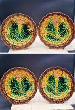 LUXURY Vintage Majolica Chestnut DISHES Set of 4 Basketweave Scalloped D CS