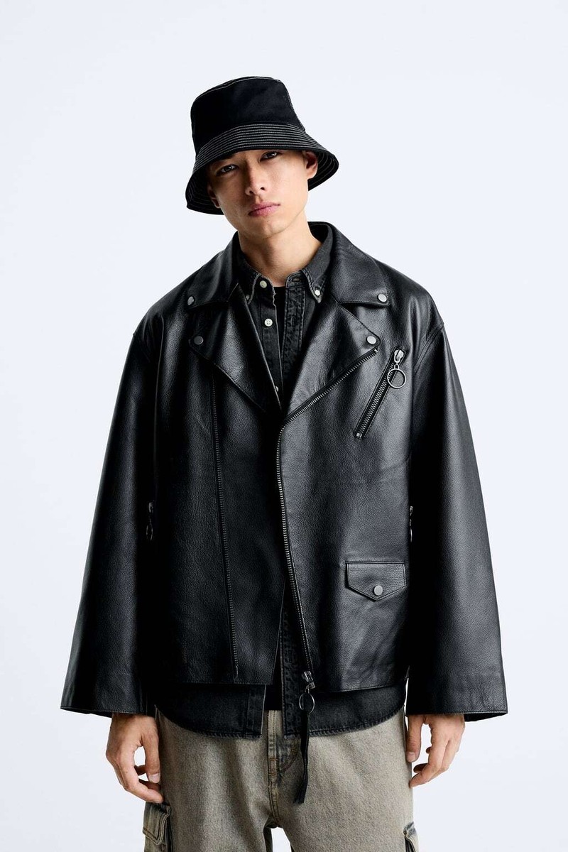 ZARA MEN SS BLACK 100% Sheep Oversize Leather Jacket L/LARGE