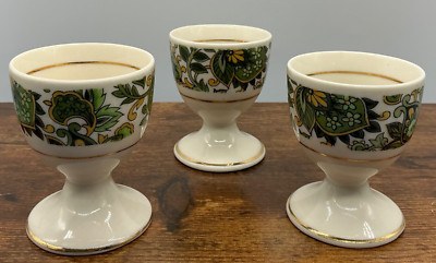 Porcelain egg cup set 3 Golden Apricot green paisley design gold accents Korea