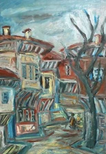 Vintage expressionist oil painting landscape of a village