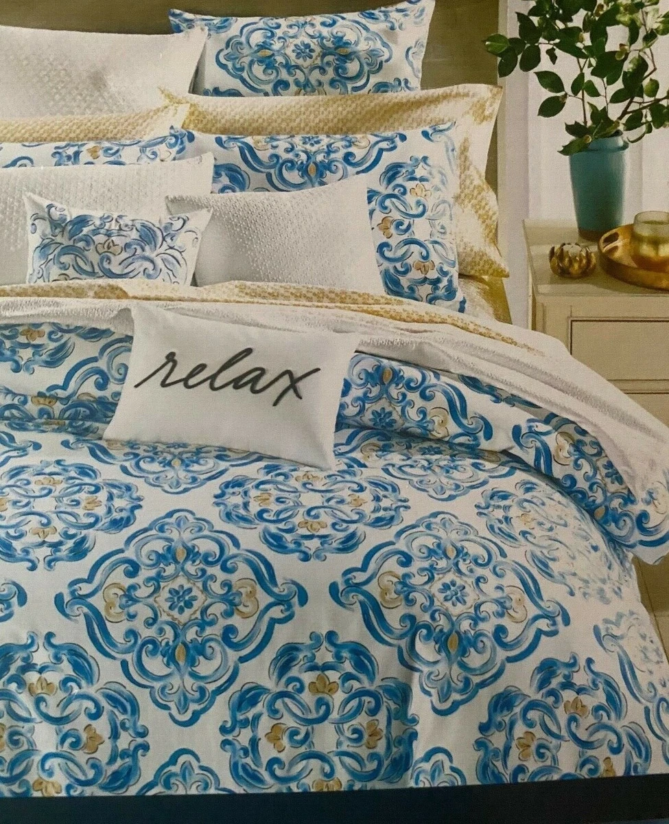 MACY S CHARTER CLUB TILE PRINT BLUE YELLOW 3PC KING CALIFORNIA KING DUVET SET