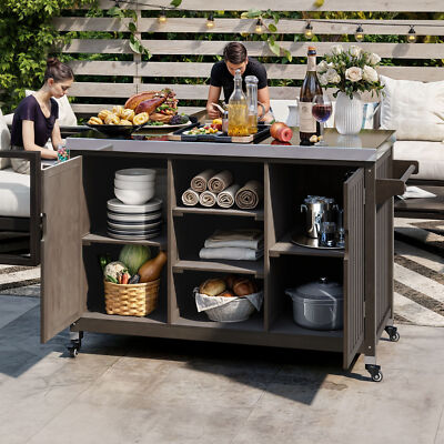 Outdoor Wood Kitchen Island x BBQ Grill Cart Table Storage  Cabinet
