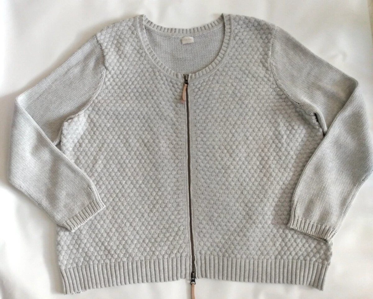 Poetry Women Light Gray Cotton Full Dual Zip Round Neck Sweater Cardigan Sz 12