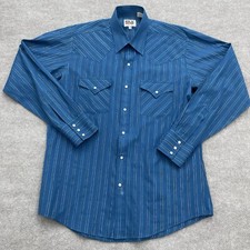 Vintage Ely Cattleman Blue Stripe Long Sleeve Pearl Snap Button Up Shirt Mens 16