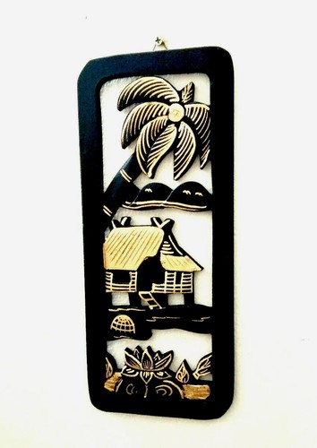 Wood Carved Wall Art Hanging Small Black Panel Gold Trim Thai Farmhouse Rustic - Picture 6 of 8