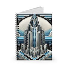 Spiral Notebook Ruled Line Ornate Building Blue Silver Black Art Deco Design 5