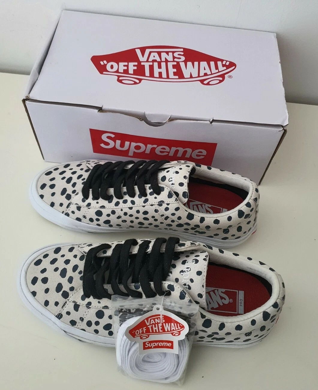 FW18 Supreme X Vans sid pro Weiß Dalmatiner US 8.5 UK 7.5 Eu 41 Neu Turnschuhe