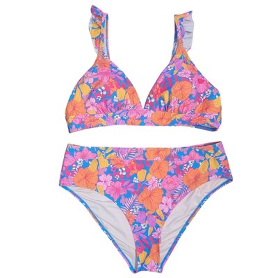 NWT Cupshe Hot Pink Floral Ruffled Bralette High Waist Bikini Orange Retro XL