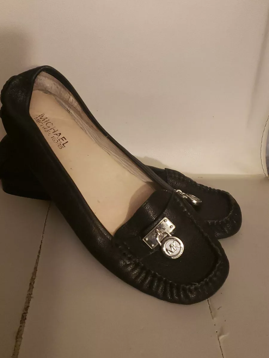 Michael Kors Hamilton Loafer Black Leather Moccasin Silver Padlock women sz 8