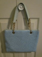 VINTAGE BLUE ALUMINIUM MESH PURSE SHOULDER HANDBAG CHAIN LINK LEATHER RETRO MOD