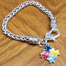 Enameled Autism Awareness Puzzle 8" Bangle Charm Bracelet Chunky Silver Tone