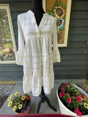 Devotion Twins Ella Geometric Tiered Bell Sleeve Dress Cotton XS Ivory  Cream EUC | eBay