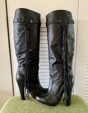 Bebe Black Leather Knee High Fringe Boots Coachella Women’s Sz 8 Biker Chic