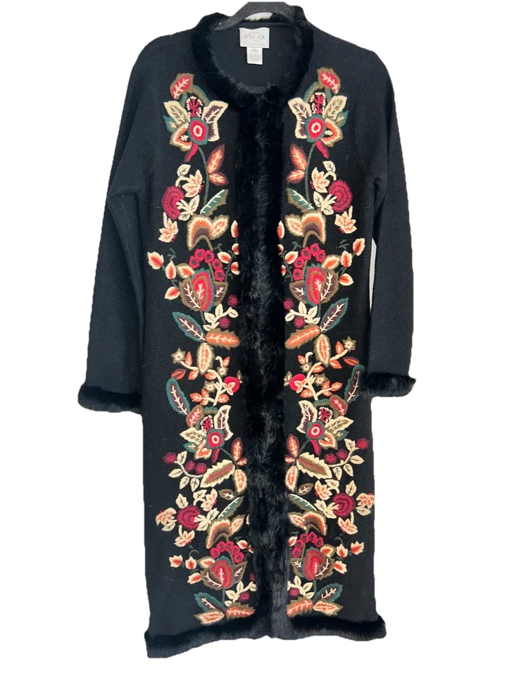 RARE Vintage Oscar De La Renta Floral Embroidered Wool & Fur  Cardigan Jacket Sm - Image 2 of 4