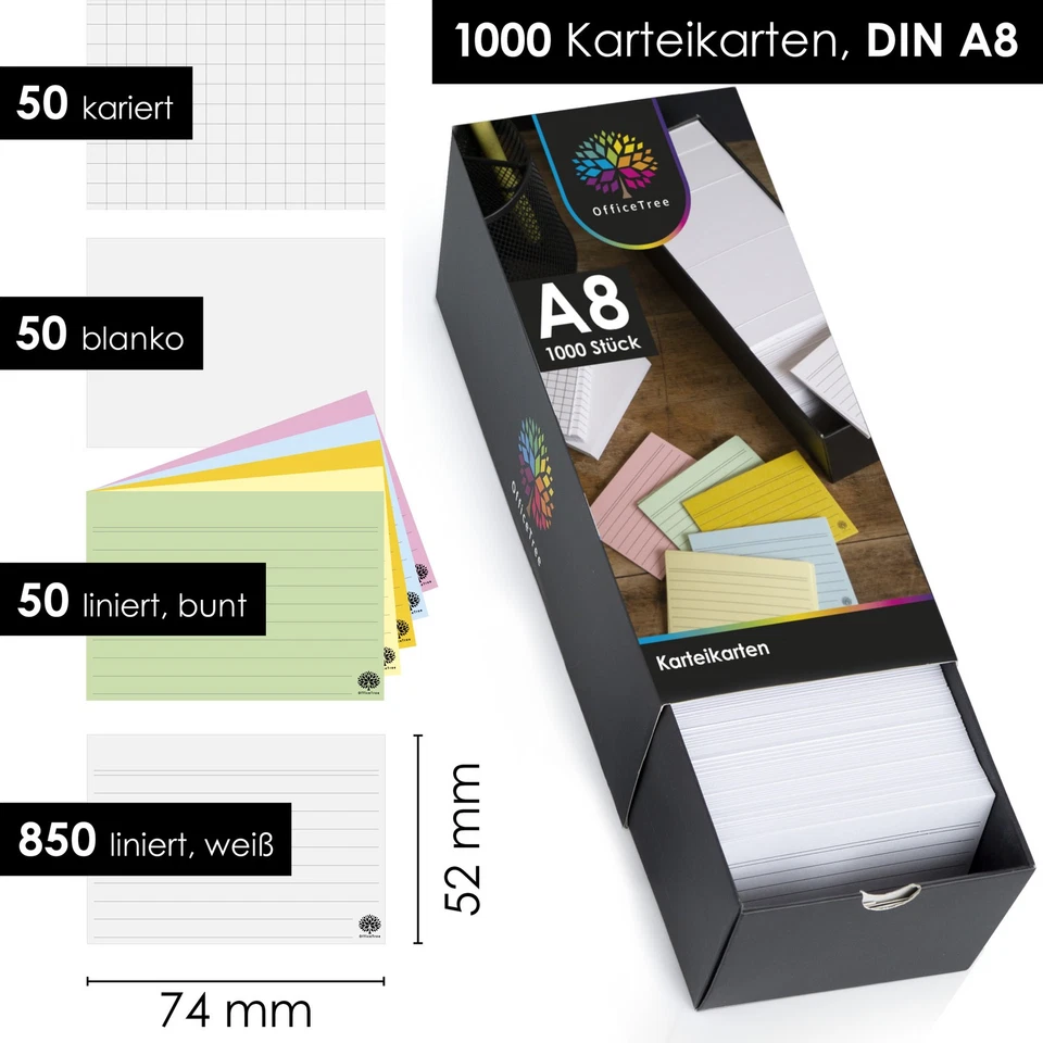 1000 Karteikarten Set A8 Liniert, Kariert, Blanko und Bunt für Studenten Schüler - Bild 2 von 4