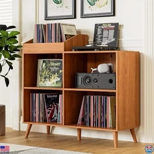 Large Vinyl Record Player Stand with Power Outlet, Holds 400 Albums, Brown