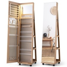Full Length Mirrored Makeup Cabinet 360° Rotating Jewelry Armoire-Natural