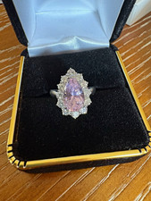 Platinum 900 Pear Pink Kunzite & Diamond Halo Ring - Size 7 Signed