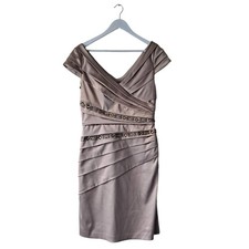 Eliza J Sheath Dress Cap Sleeve Rhinestone Embellished Pleated Taupe Size 10