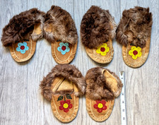3 Pairs Antique 1940's Native American Baby Moccasins Leather Fur Beaded Flower
