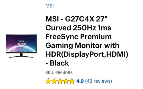 MSI 3CA9 G27C4X Black 27 Inch 1920 x 1080 HDMI Curved Gaming Monitor - 第 3/11 張圖片