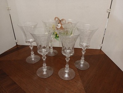 Set of 6 Cambridge MINERVA Etched Clear Glass Water Goblets 8 1/4'' Tall ~9 oz.~