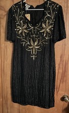 NEW VTG WOMENS 100 SILK SZ L EVENING DRESS BLACK BEADED SEQUIN GOLD NEW YEARS
