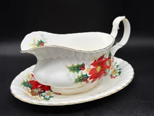 Royal Albert Yuletide 2pc Gravy Boat Bone China England Christmas Poinsettia