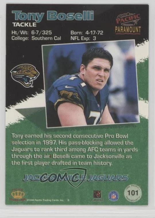 1998 Pacific Paramount Copper Tony Boselli #101 - Image 2 of 2