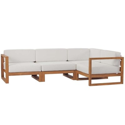 Modway Upland 4-Piece Solid Teak Wood Patio Sectional Sofa in Natural and White