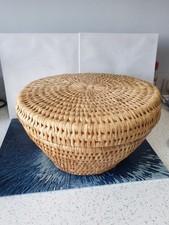 Vintage Lined Oval Wicker Woven Sewing Storage Basket With Contents - Lid 30cm