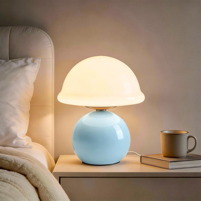 Mushroom Table Lamp for Bedroom, Cozy Bedside Lamp with Glass Shade, Stepless Di