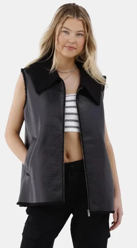 Women's Faux Leather Vest With Faux Shearling Lining, Black Size L/XL - Picture 2 of 22
