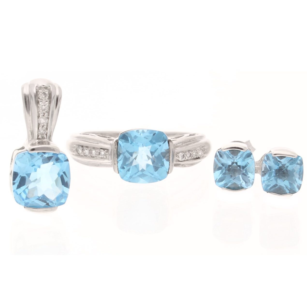 9Carat White Gold Blue Topaz & Diamond Ring, Earrings & Pendant Set