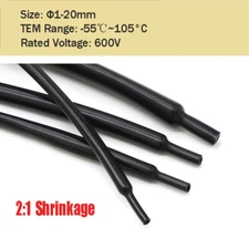 φ1-20mm Black Glossy Heat Shrink Tubing 2:1 Shrinkage Cable Insulation Sleeving