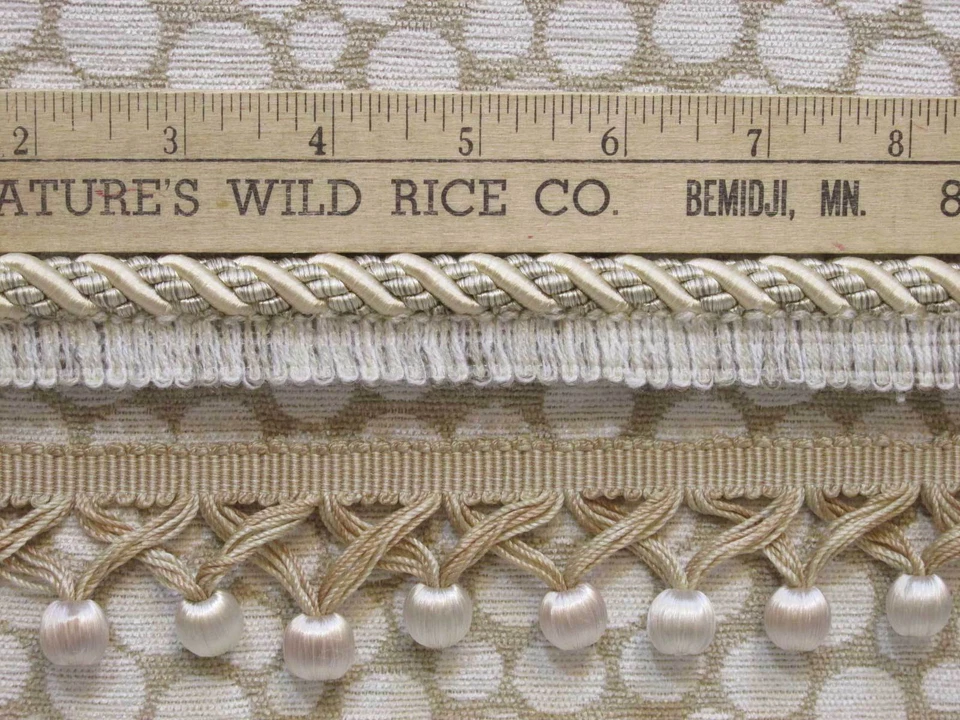 Polka Dot Fabric Cream Beige Taupe w/ Cord & Beaded Fringe Trim Craft Lot 4 - Image 3 of 3