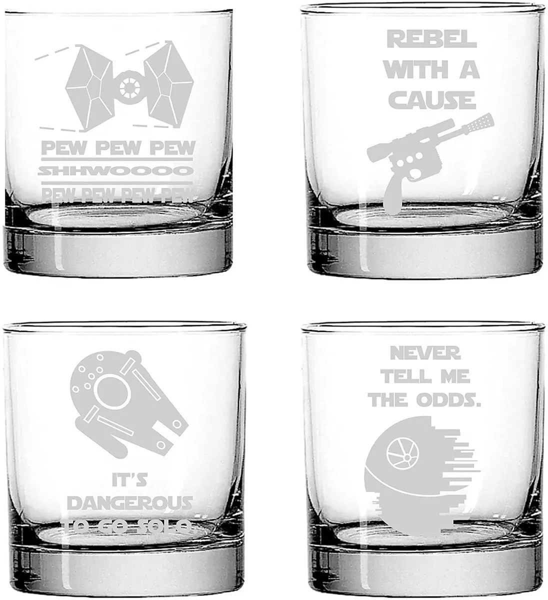 Star Wars Drinking Glass Set of 4 Etched Rocks Whiskey Glasses.