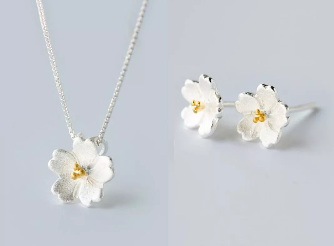 Silver Cherry Blossom White Gold GP Flower Jewelry Set Necklace