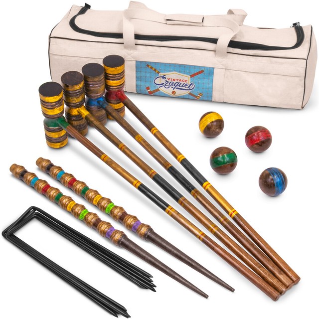 Vintage Wood Premium Croquet Set Includes 6 Mallets Balls Wickets and