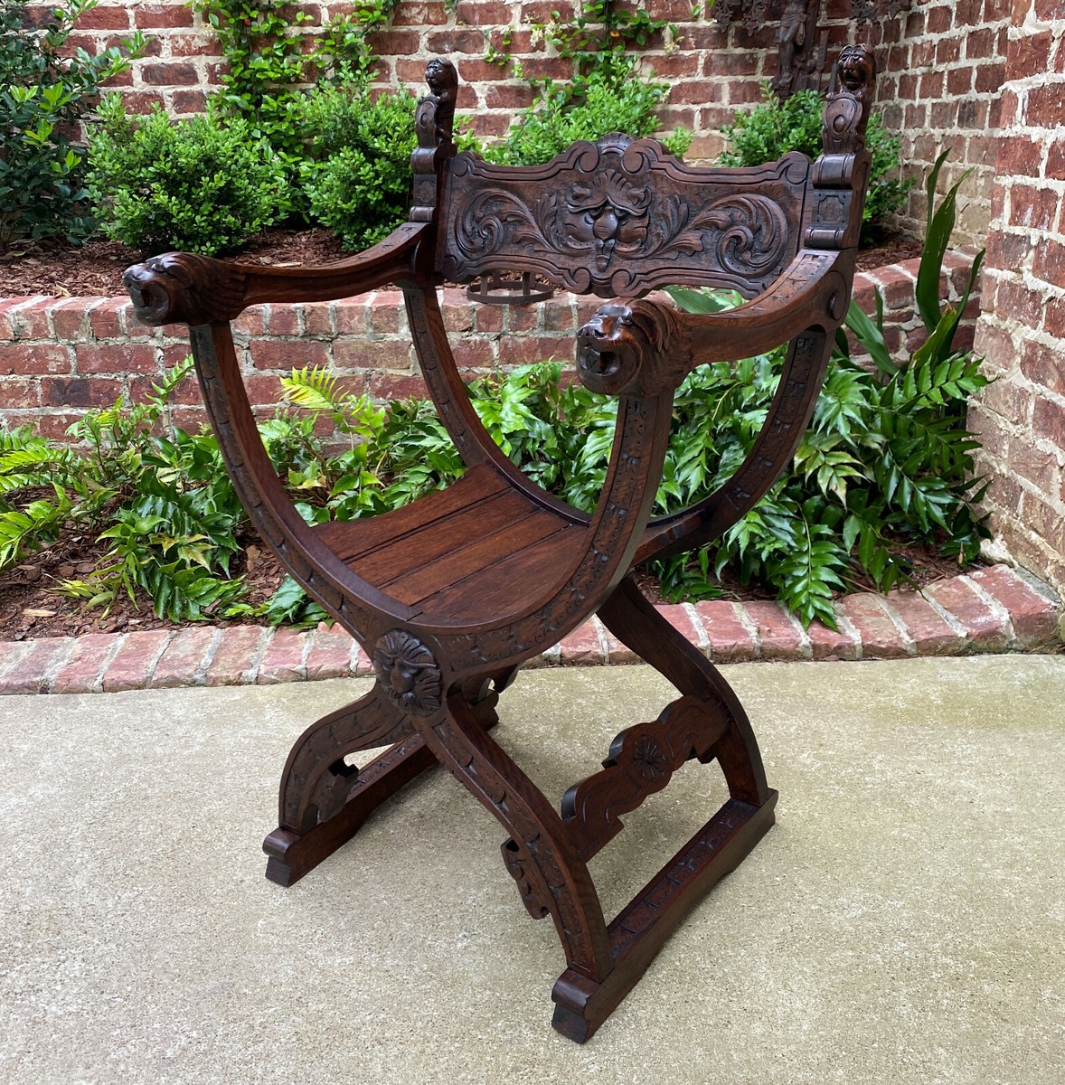 Antique Italian Savonarola Dante Chair Carved Oak Renaissance Lion