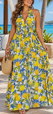 SHEIN Women’s L Halter Tie Neck Smocked Back Lemon Floral Maxi Dress Long
