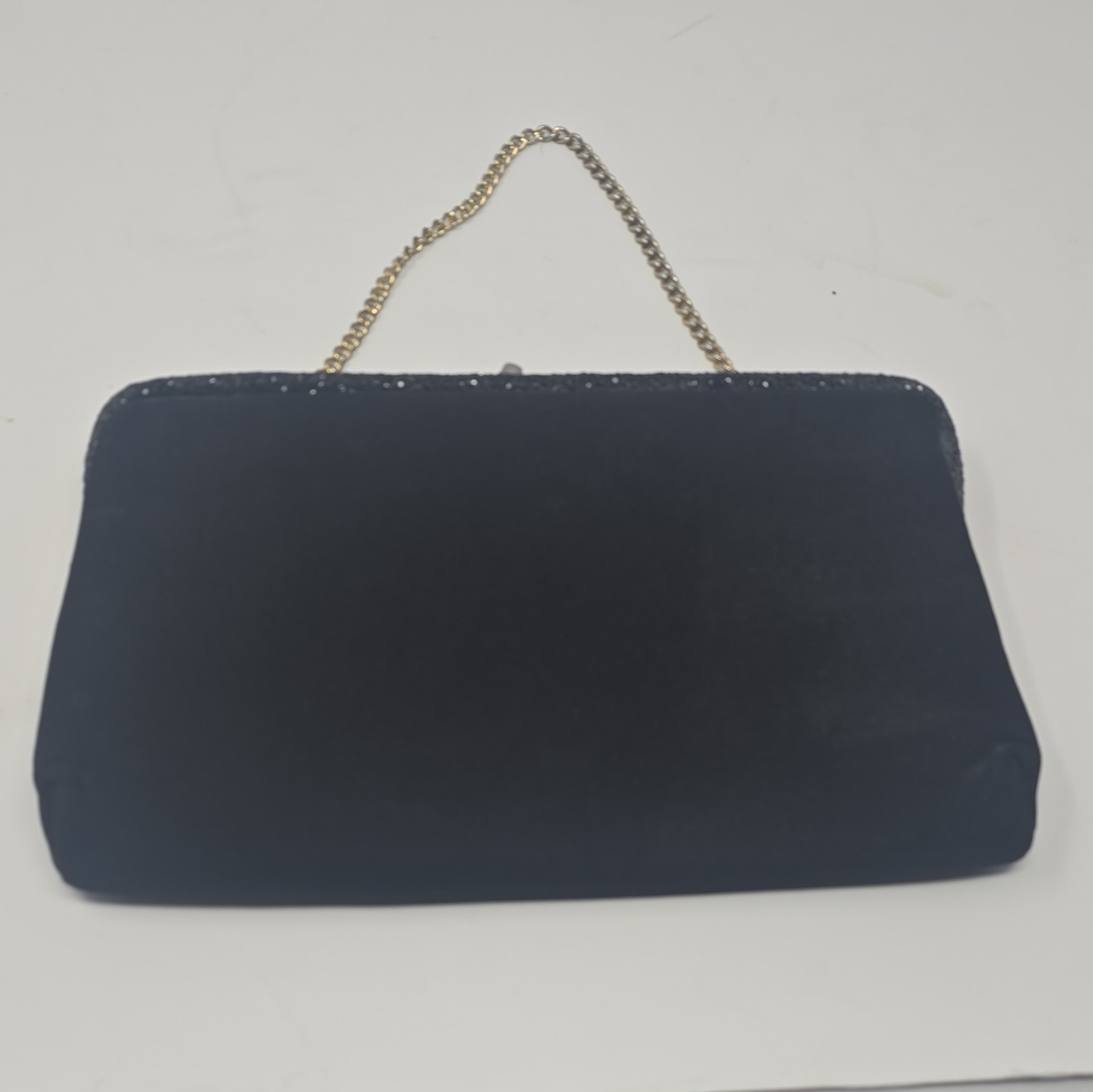 Black Glitter Evening Clutch Kiss Lock Gold Chain Strap Lined Formal Small