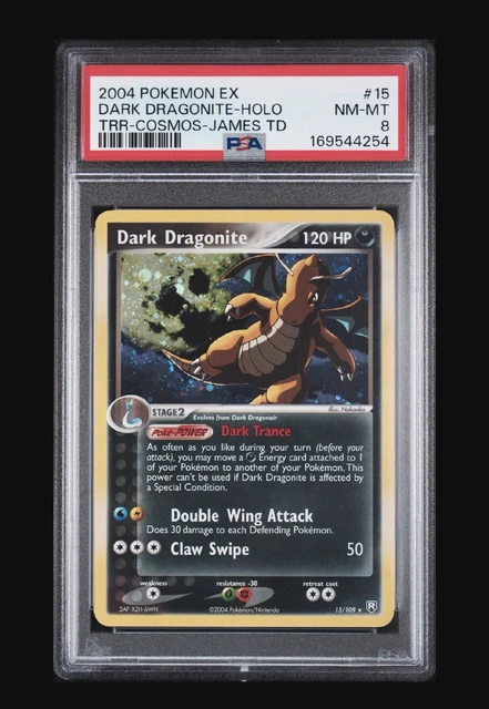💫SWIRL💫 2004 Pokemon Team Rocket Returns COSMOS Dark Dragonite Holo 15 PSA 8