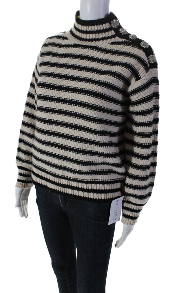 J Crew Womens Striped Jeweled Turtleneck Sweater White Black Wool Size Small - Image 2 of 4