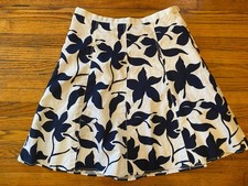 BANANA REPUBLIC Navy Floral On White Flare Skirt Cotten Linen Blend Women Size 8