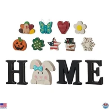 Interchangeable Wooden Home Table Signs with 13 Seasonal Icons for Holiday Decor